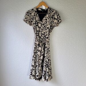Lauren RALPH LAUREN Size 4 100% SILK Midi Dress Brown Floral Ruffle.